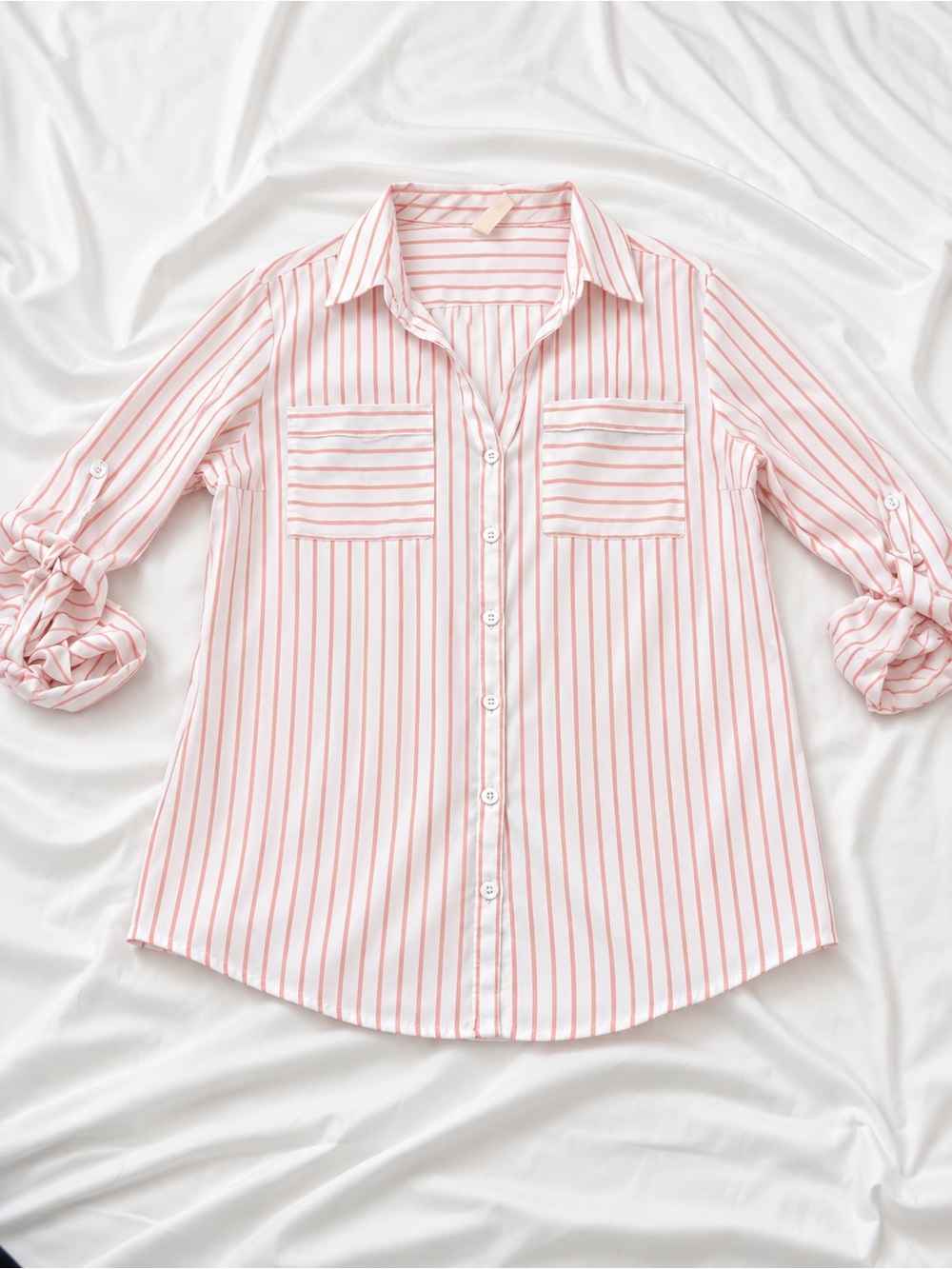 Striped Light Pink Button-Down Shirt with Front Pockets
